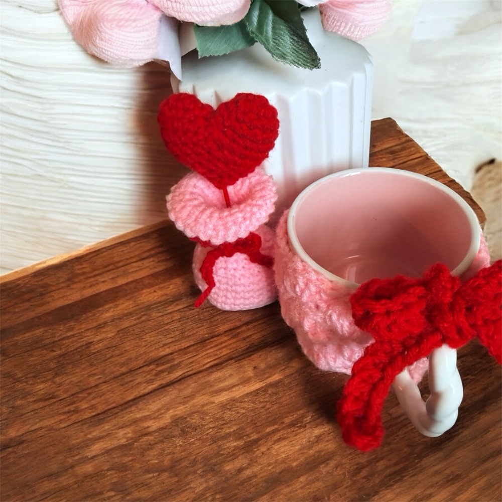 Handmade Crochet Vase w/ Heart + Cozy Mug Set | Valentine Decor | 5” - Picture 7 of 8